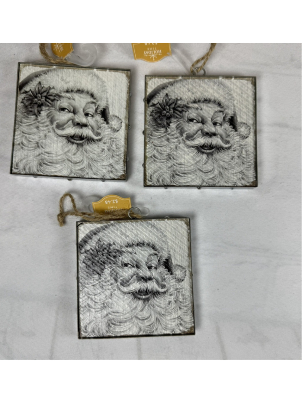 Set of 3 Wood Square Christmas Ornaments Santa Head Hanging Rippled Texture